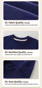 Detailed views of ribbed crew neck, sleeve cuffs and soft cotton fabric of navy sweatshirt