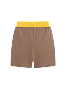 Kinder-Shorts aus braunem Strickstoff mit gelbem, geripptem elastischem Bund