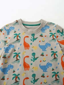 T-shirt a maniche corte in cotone grigio chiaro con stampe di dinosauri e palme colorate