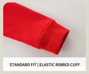 Detail of red kids sweatshirt featuring regular sleeve and elastic ribbed cuff
