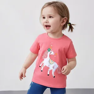 Detail of coral pink girls' cotton t-shirt featuring a sweet cartoon unicorn print
