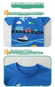 Close-up of transport prints and neckline on this blue cotton short-sleeve kids T-shirt