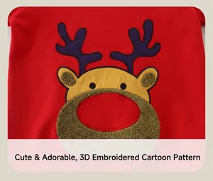 Detail of 3D reindeer embroidery with plush nose on red cotton sweatshirt for children