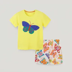 Kleinkind Mädchen Sommer Baumwolle Kleidung Schmetterling Applikation Kurzarm Gelbes T-Shirt Bedruckte Shorts Lässiges Outfit