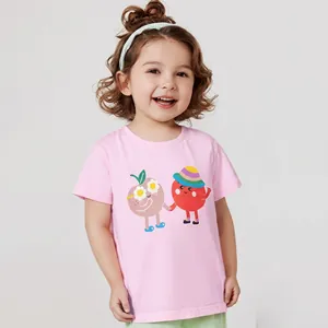 Close-up of pale pink cotton toddler t-shirt featuring colorful cartoon characters print