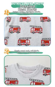 Detail of soft cotton crew neck and colorful cartoon fire truck prints on gray kid T-shirt