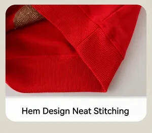 Detail view of red children sweater with ribbed hem and high quality stitching finish