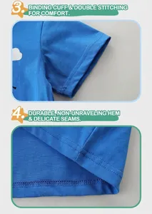 Detail of double-needle stitching on blue cotton knit t-shirt sleeve and bottom hem