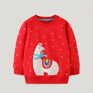 Girls Red Polka Dot Llama Embroidered Sweatshirt 100% Cotton Round Neck Long Sleeve Pullover Autumn Spring Kids Clothing
