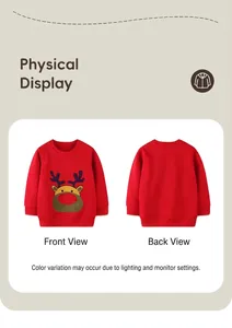 Detailed front and back views of red kids sweatshirt featuring 3D reindeer embroidery
