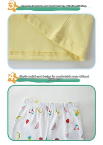 Dettaglio dell'orlo a doppia cucitura e vita elastica con stampe di frutta colorata
