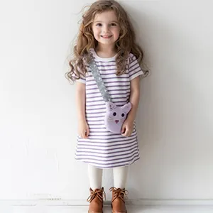 Girl's striped short sleeve dress with cute purple cat plush crossbody bag set