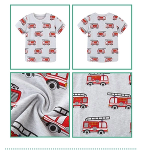Detailed views of grey kids t-shirt with fire engine print showing fabric and stitching