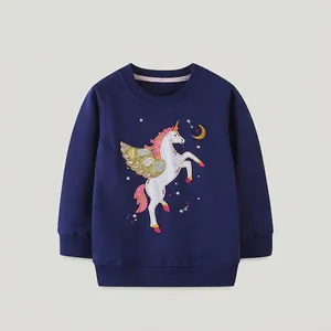 Girls Casual Cotton Sweatshirt With Sequin Unicorn Embroidery Long Sleeve Round Neck Pullover For Kids Navy Blue Toddlers Top