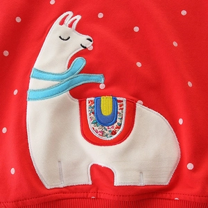 Red girls' sweatshirt with white polka dots and embroidered llama applique design