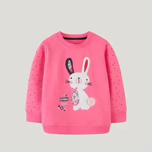 Girls Casual Cotton Sweatshirt Long Sleeve Pink Rabbit Embroidery Polka Dot Sleeves Combed Cotton Ribbed Cuffs Top For Kids