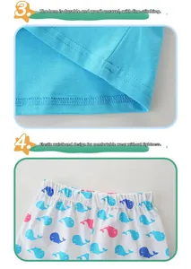 Detail of whale print elastic waistband and neat double-needle hem on cotton kid's set