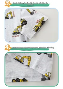 Close-up of double-stitched sleeves and hem on kids grey cotton t-shirt with trucks