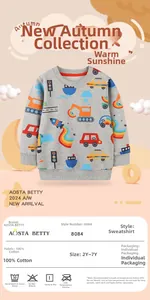 Detail of grey cotton sweatshirt with colorful cartoon print and ribbed cuffs for boys