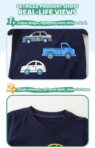 Détail du t-shirt en coton bleu marine pour garçon avec imprimés de voitures colorées