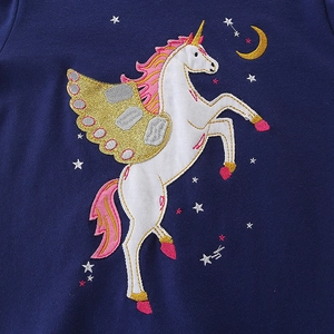 Navy blue cotton sweatshirt for girls with detailed unicorn embroidery and stars