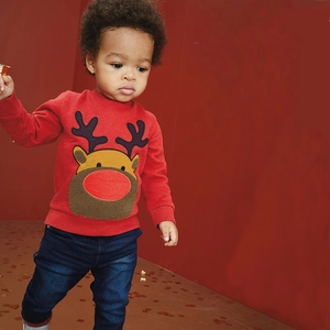 Kids Boys Christmas Reindeer Sweatshirt Cotton Cartoon Long Sleeve Pullover Red Festive Embroidery Winter Warm Toddler Top
