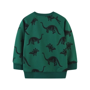 Dark green long sleeve sweatshirt for boys featuring all-over black dinosaur silhouette prints