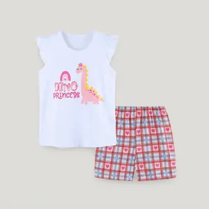 Detail of girls summer set with white ruffled sleeveless top and plaid heart shorts