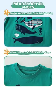 Detailed real shots of green boys' cotton T-shirt with whale print and ribbed neckline