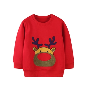 Red long sleeve kids sweatshirt with cute cartoon reindeer embroidery on white background