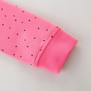 Pink polka dot long sleeve sweatshirt for girls with ribbed cuffs and soft cotton fabric