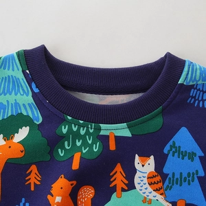 Navy blue boys cotton sweatshirt with colorful cartoon forest animal print and ribbed crewneck