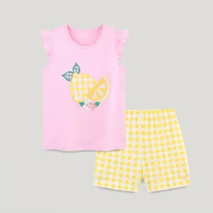 Flat lay of pink flutter sleeve top with lemon print and yellow checkered shorts set