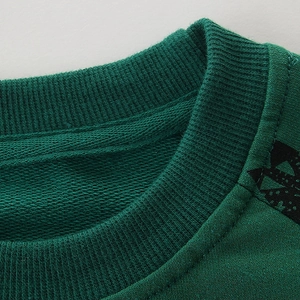 Dark green boys crewneck sweatshirt with ribbed collar and soft french terry lining