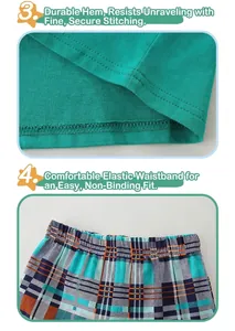 Detail of the green knit top's double stitching and elastic plaid shorts waistband