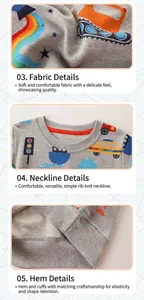 Close-up of ribbed neckline and cotton fabric texture on boy's grey cartoon sweatshirt