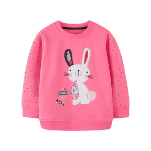 Pink toddler girl sweatshirt with rabbit embroidery and polka dot sleeves on white background
