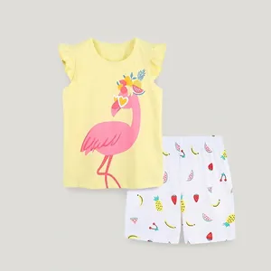 Set di Abbigliamento Estivo da Bambina 2 Pezzi in Cotone Top Senza Maniche con Volant T-Shirt con Stampa Fenicottero e Pantaloncini