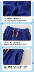 Detail of blue joggers showing high-density cotton texture and yellow drawstring waist