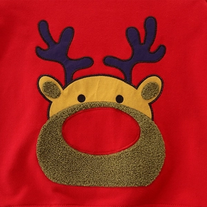 Kids red autumn sweatshirt featuring a cartoon reindeer embroidery with textured details