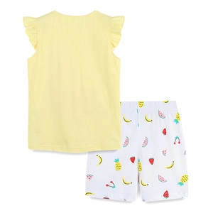 Set estivo da bambina con top smanicato giallo e pantaloncini con stampa frutta