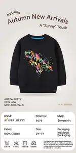 Detail view of 100% cotton black toddler sweatshirt featuring colorful dinosaur print