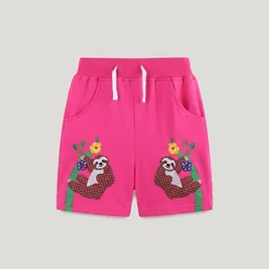 Close-up of girl's rose red cotton shorts featuring cute cartoon sloth prints and drawstring