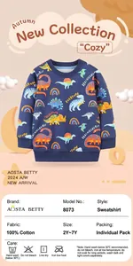 Close-up of boys navy cotton sweatshirt featuring colorful dinosaur and cloud prints