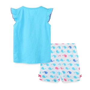 Girls summer cotton set with blue flutter sleeve top and whale print shorts