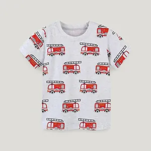 Toddler Boys Cotton T-Shirt Summer Short Sleeve Round Neck Top With Cartoon Fire Truck Pattern Casual Kids Clothes