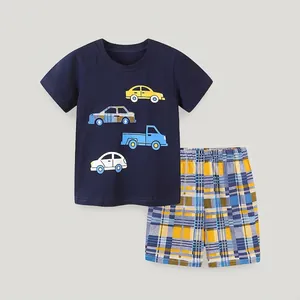 Ensemble de Vêtements d'Été pour Garçons en Coton Imprimé Voiture T-Shirt Marine et Short à Carreaux Tenue Deux Pièces