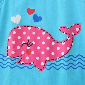 Short sleeve cotton t-shirt with cute pink cartoon whale print and colorful hearts