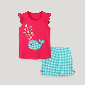 Ensemble d'été pour Petites Filles Top en Coton à Manches Courtes Et Short Plaid Baleine Mignonne Avec Volants
