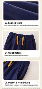 Detail of navy cotton sweatpants showing elastic waistband, yellow drawstring and side pocket
